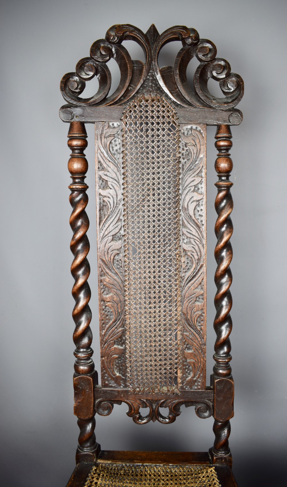 Pair of William & Mary cane high back chairs with barley twist supports View V