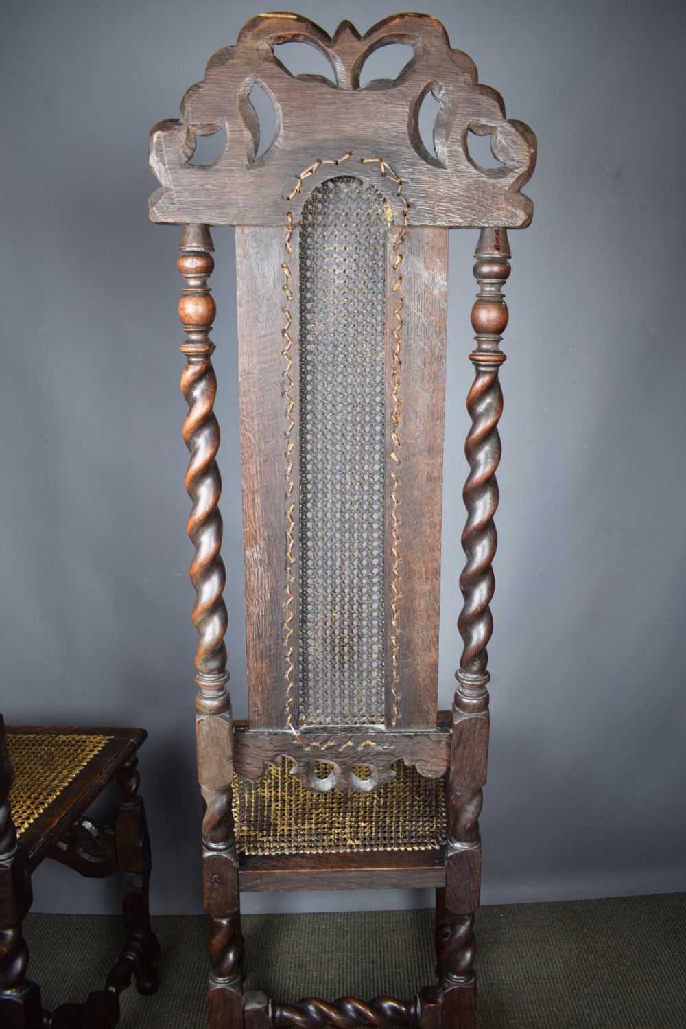 Pair of William & Mary cane high back chairs with barley twist supports View X