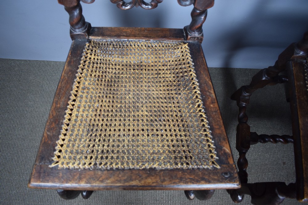 Pair of William & Mary cane high back chairs with barley twist supports View XI