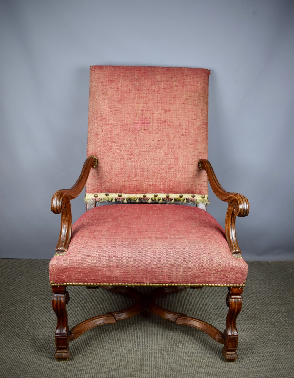 French 17th/18th Century Walnut Armchair upholstered in pink linen View III