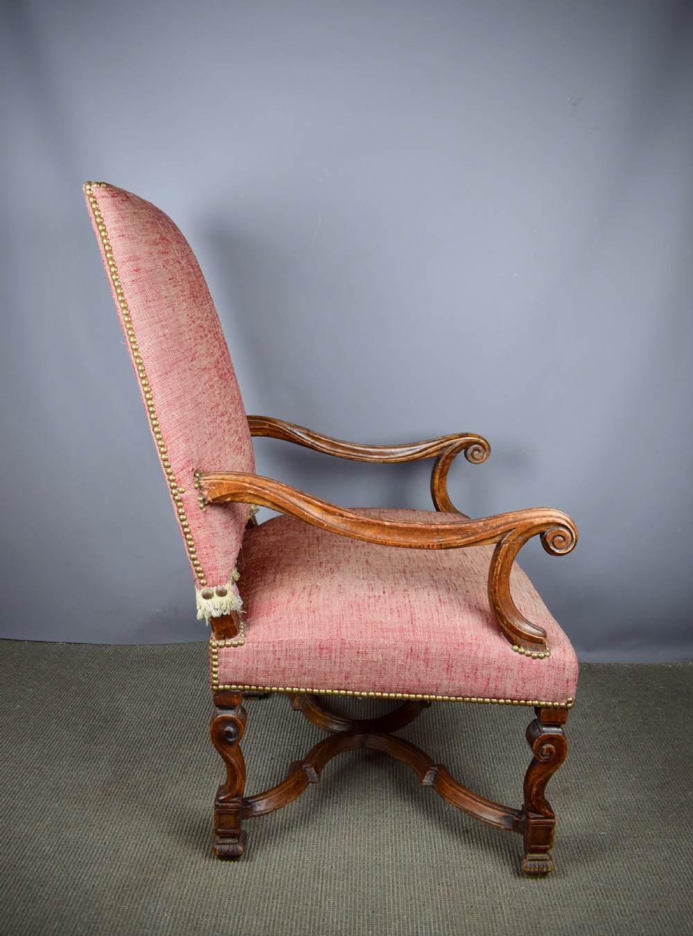French 17th/18th Century Walnut Armchair upholstered in pink linen View IV