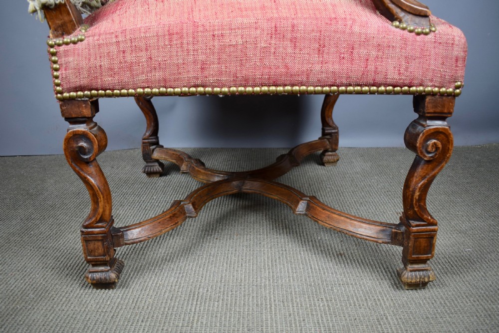French 17th/18th Century Walnut Armchair upholstered in pink linen View V