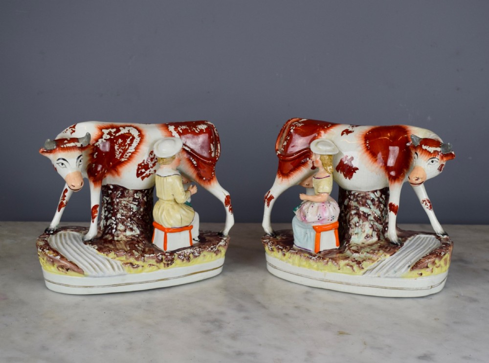 Pair of Victorian Staffordshire Pottery Figure Groups of Cows with Milkmaids View II