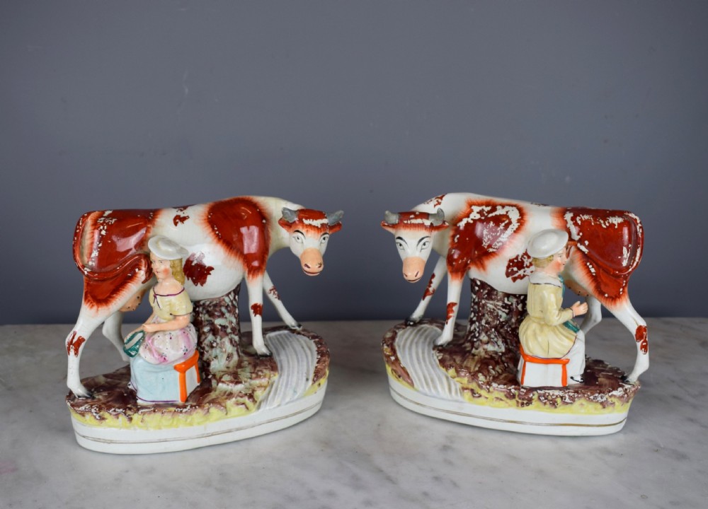 Pair of Victorian Staffordshire Pottery Figure Groups of Cows with Milkmaids View III