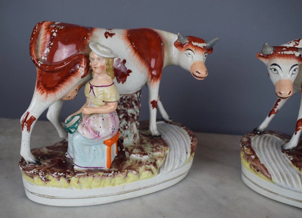 Pair of Victorian Staffordshire Pottery Figure Groups of Cows with Milkmaids View VI