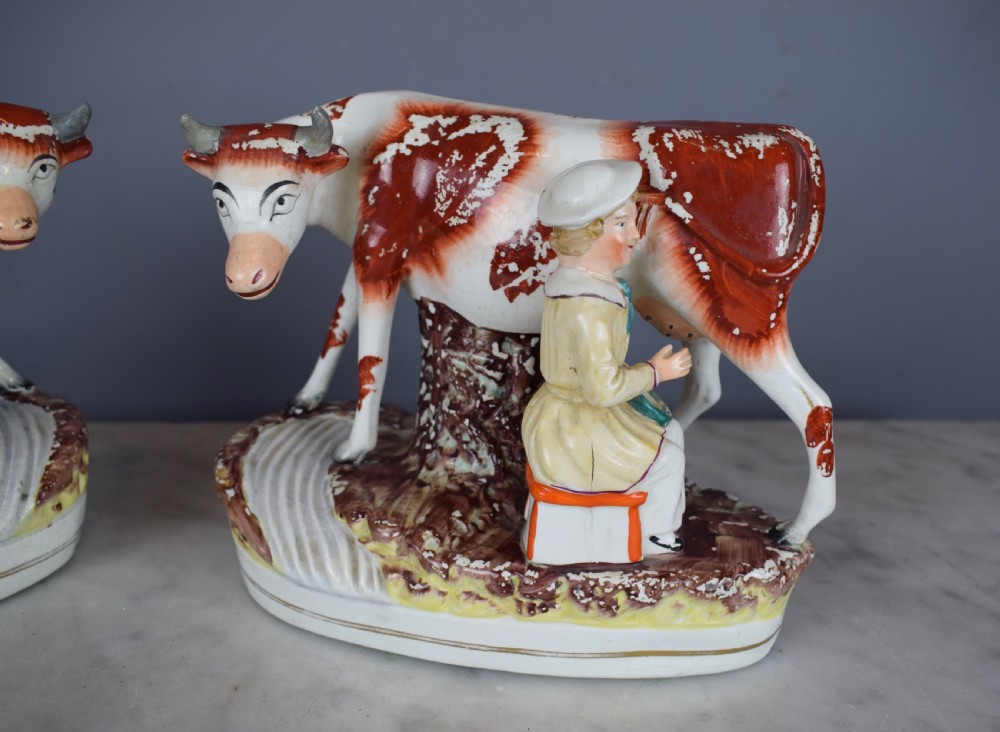 Pair of Victorian Staffordshire Pottery Figure Groups of Cows with Milkmaids View VII
