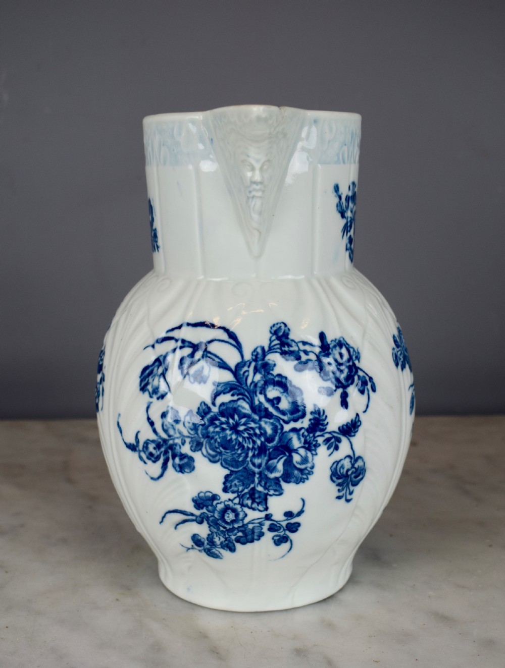 Worcester blue & white cabbage leaf mask jug circa 1770 View III
