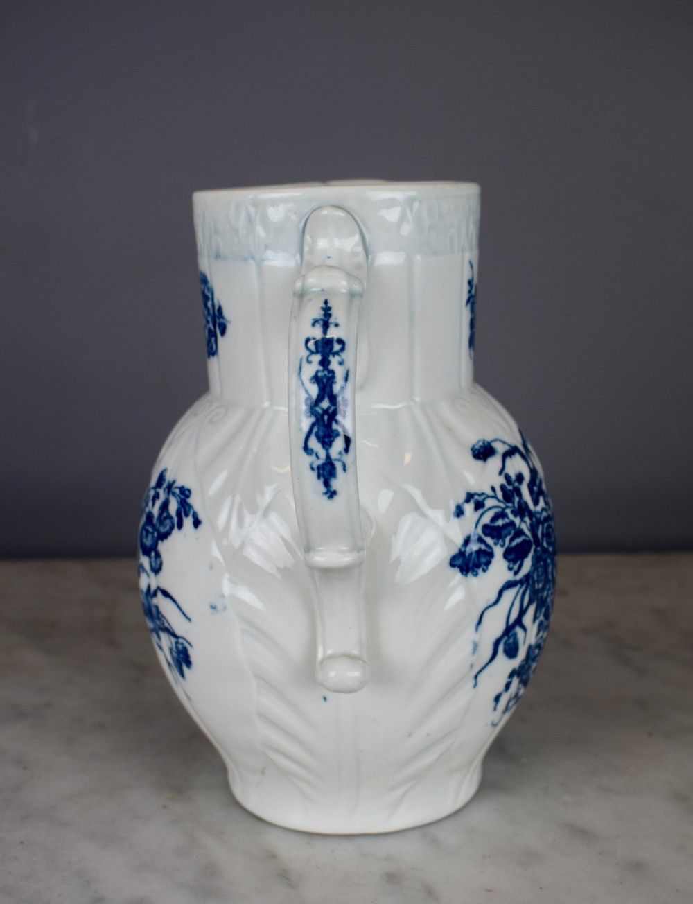 Worcester blue & white cabbage leaf mask jug circa 1770 View V