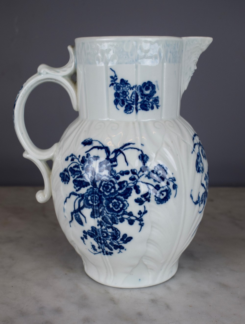 Worcester blue & white cabbage leaf mask jug circa 1770 View VII