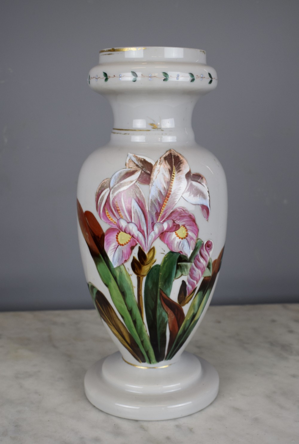 Victorian milk glass vase hand enamelled with flowers