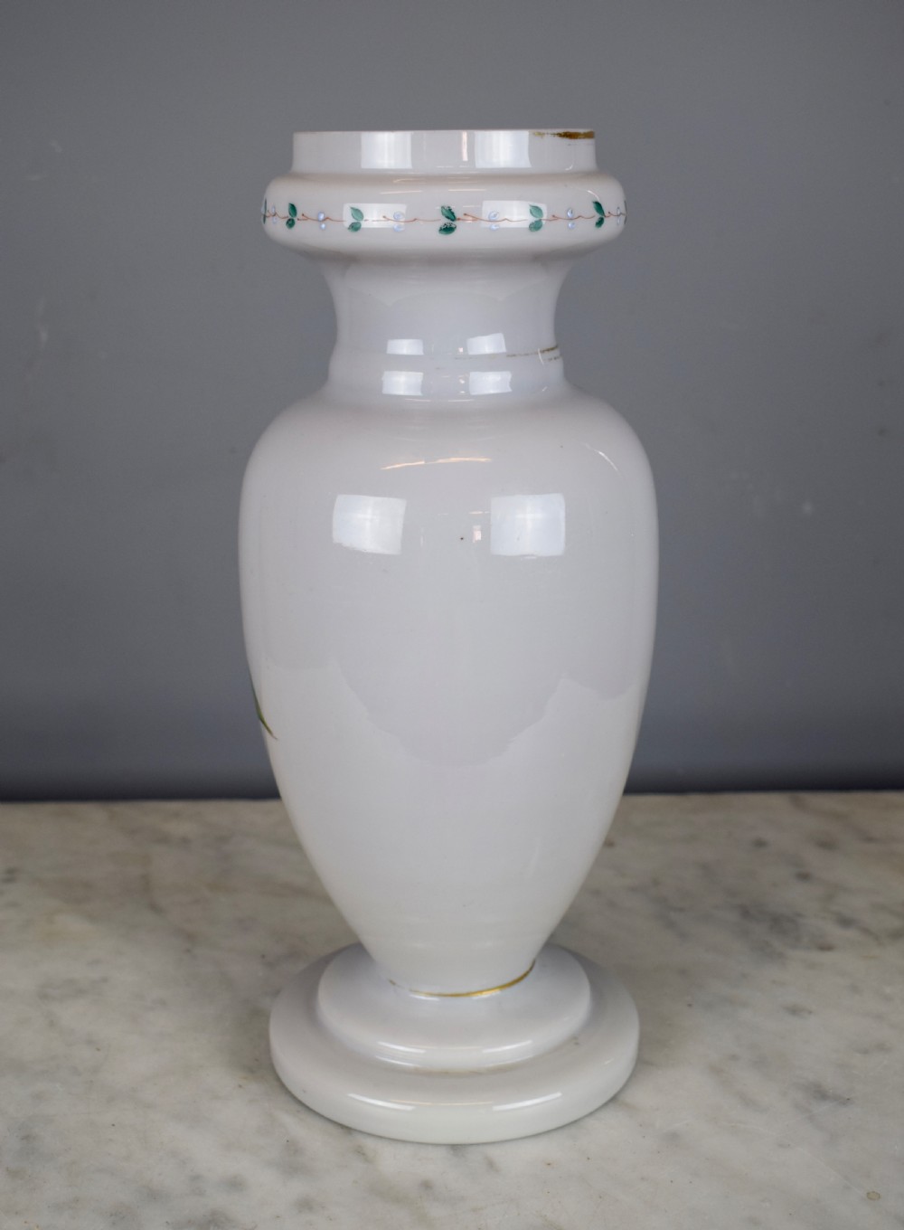 Victorian milk glass vase hand enamelled with flowers View II