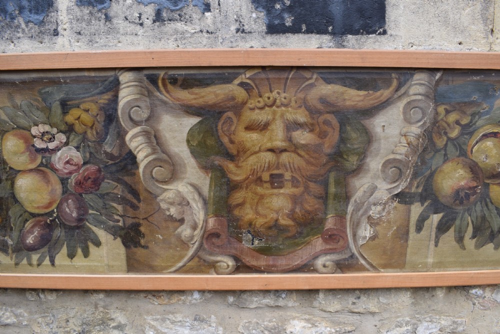 Large Italian Trompe L'oeil architectural oil painting of a mask and swags of fruit View II