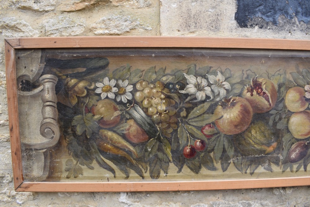 Large Italian Trompe L'oeil architectural oil painting of a mask and swags of fruit View III