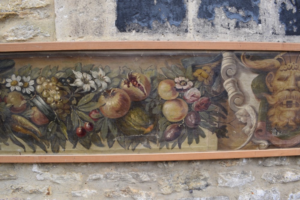 Large Italian Trompe L'oeil architectural oil painting of a mask and swags of fruit View IV