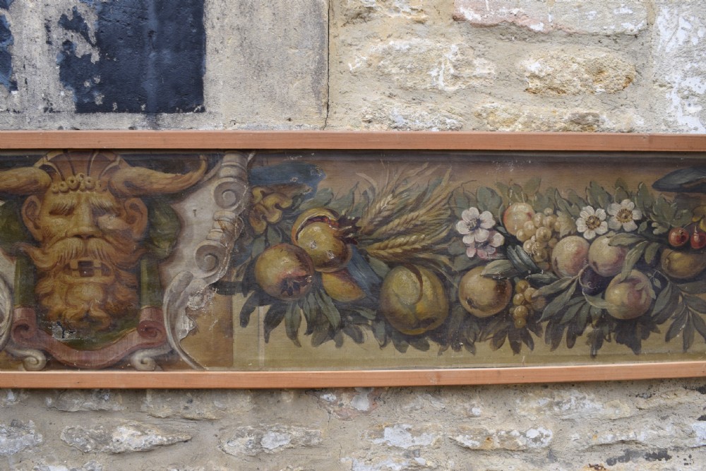Large Italian Trompe L'oeil architectural oil painting of a mask and swags of fruit View V