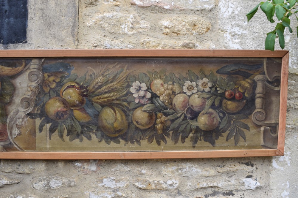 Large Italian Trompe L'oeil architectural oil painting of a mask and swags of fruit View VI