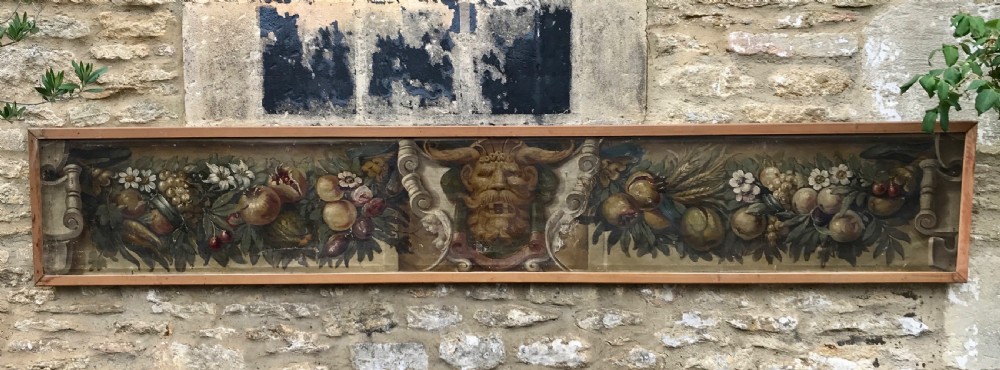 Large Italian Trompe L'oeil architectural oil painting of a mask and swags of fruit View VII