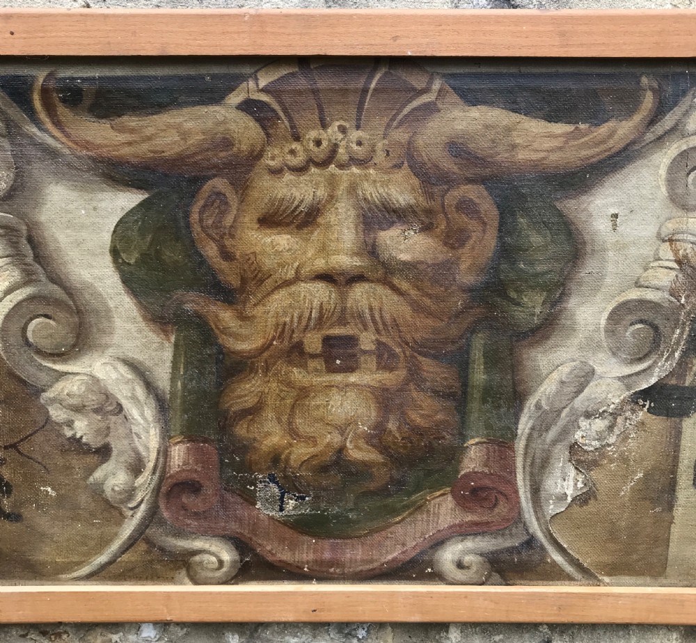 Large Italian Trompe L'oeil architectural oil painting of a mask and swags of fruit View VIII