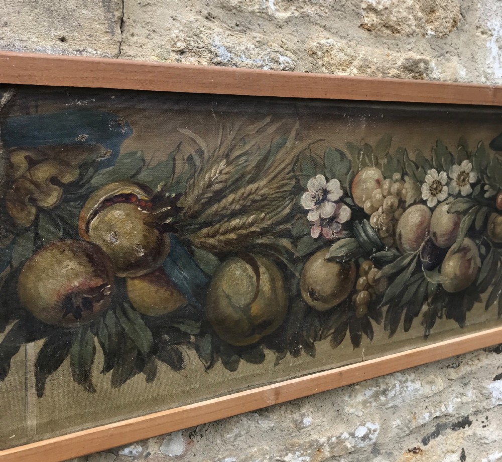 Large Italian Trompe L'oeil architectural oil painting of a mask and swags of fruit View IX