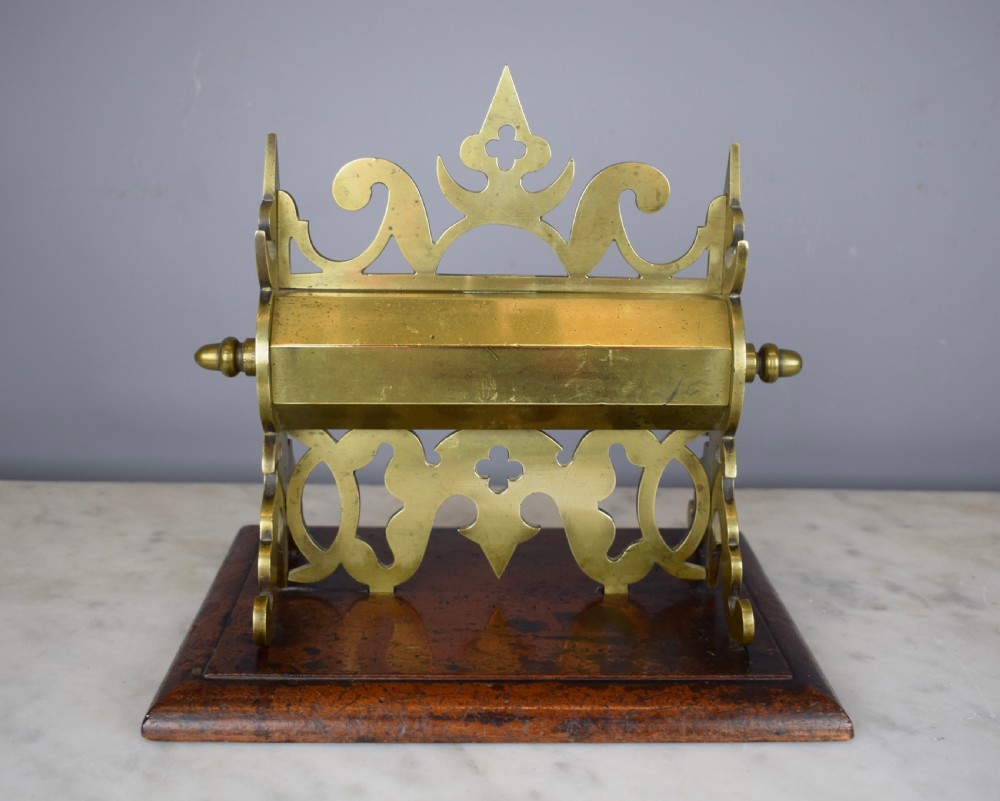 Victorian Gothic brass money box upon mahogany plinth base  View III