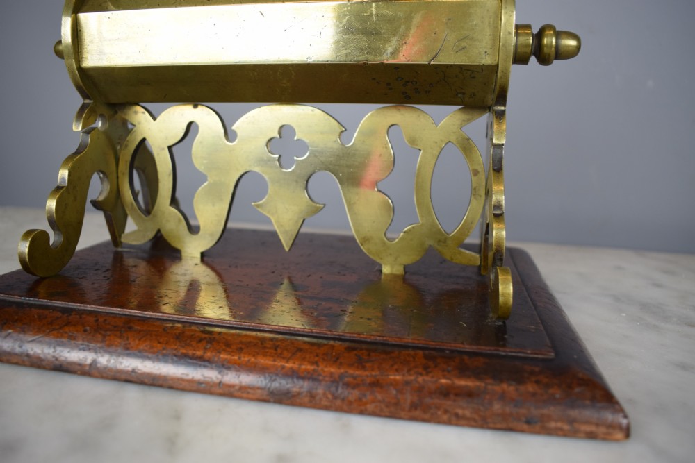 Victorian Gothic brass money box upon mahogany plinth base  View VI