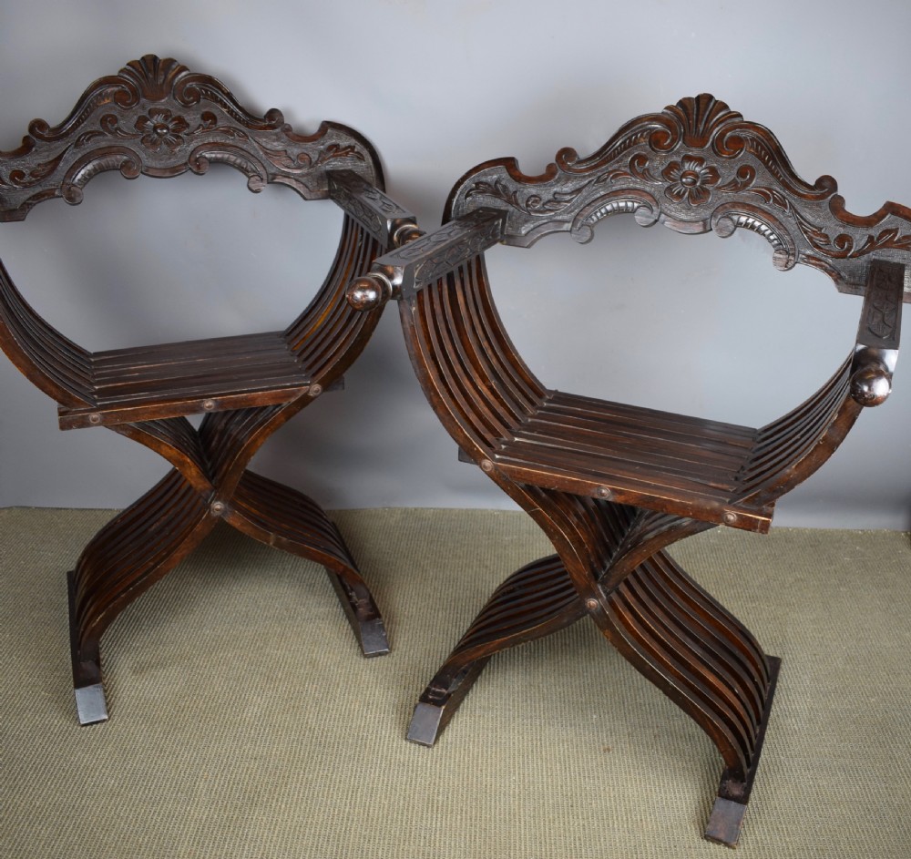 Pair of Italian X framed Savonarola chairs View II