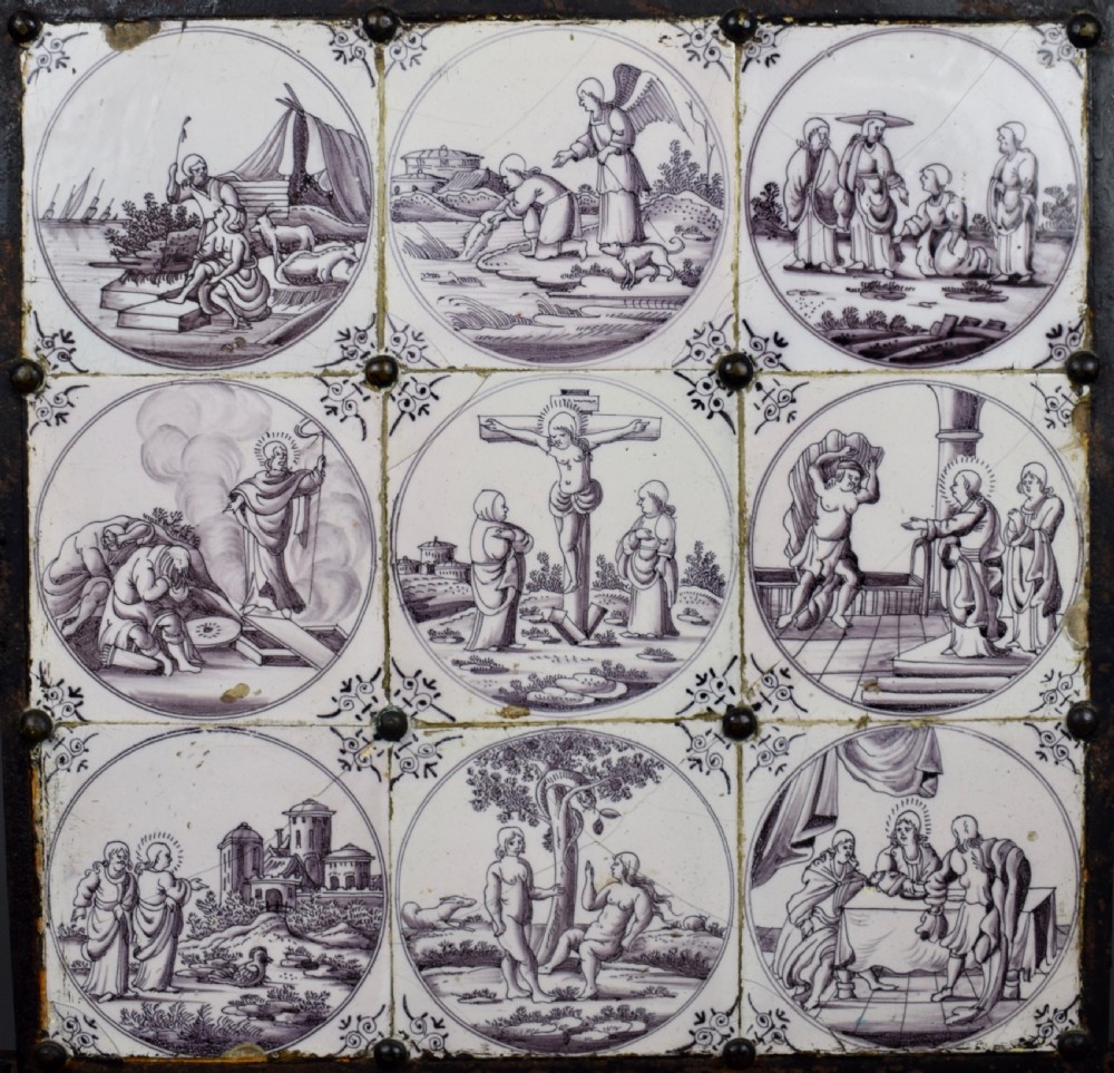 Wrought iron fire screen inset with 18th century manganese Delft tiles View V