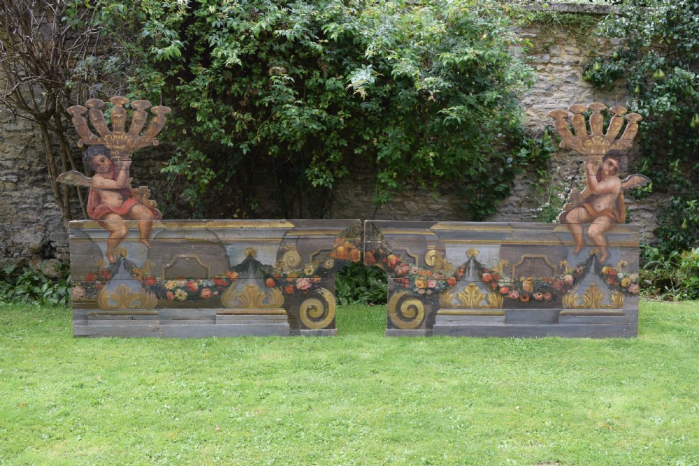 Spectacular Pair of Italian Hand Painted Trompe L'oeil Architectural Church Altar Board Panels with Cherubs  View III