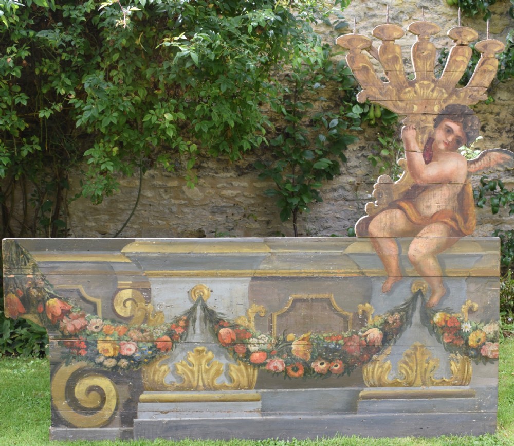 Spectacular Pair of Italian Hand Painted Trompe L'oeil Architectural Church Altar Board Panels with Cherubs  View IV