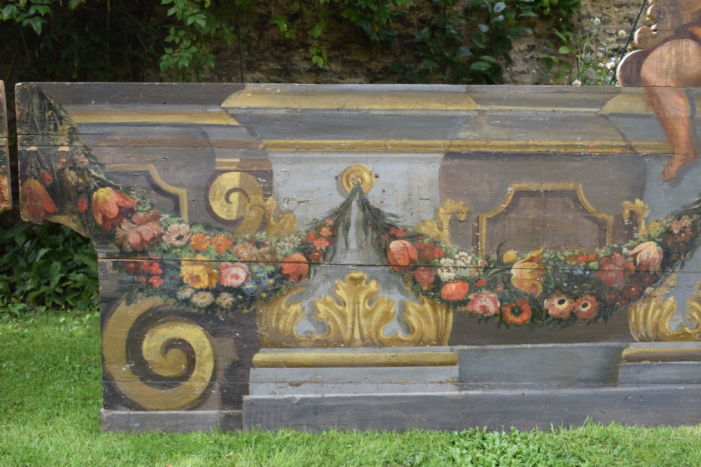 Spectacular Pair of Italian Hand Painted Trompe L'oeil Architectural Church Altar Board Panels with Cherubs  View VII