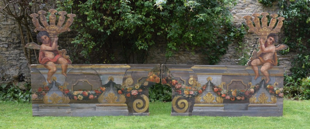 Spectacular Pair of Italian Hand Painted Trompe L'oeil Architectural Church Altar Board Panels with Cherubs  View XI