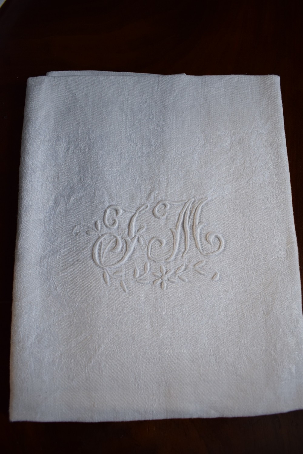 French Monogrammed White Damask Tablecloth & 12 Napkins View II
