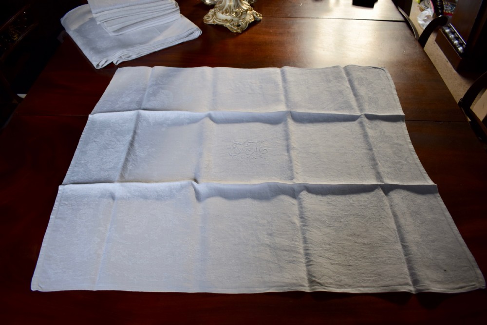 French Monogrammed White Damask Tablecloth & 12 Napkins View VII