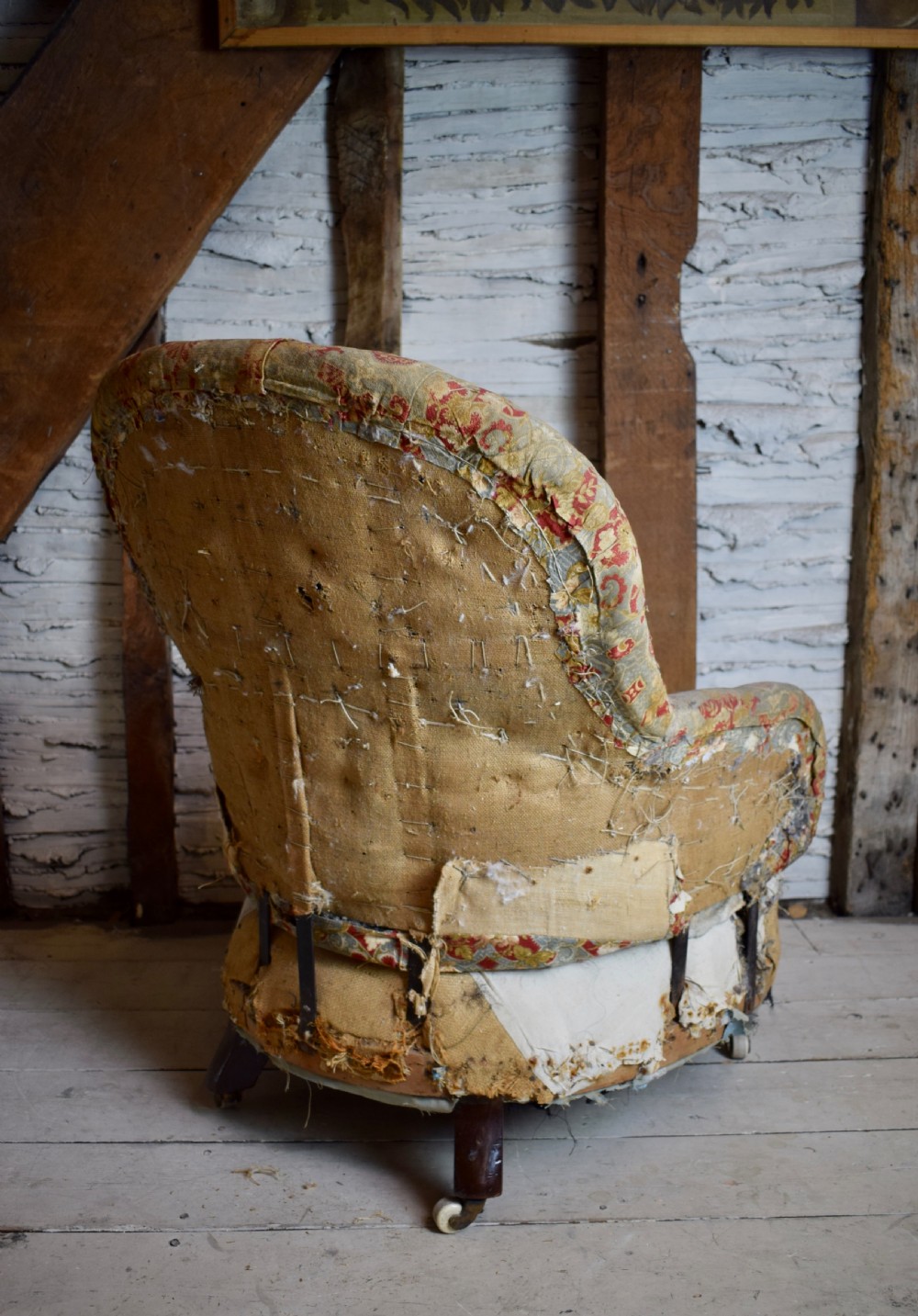 Victorian iron framed button back armchair with sprung seat, for re-covering View II