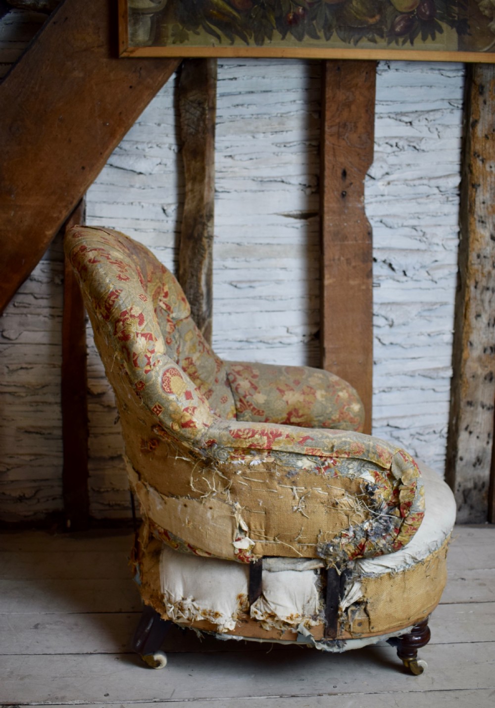 Victorian iron framed button back armchair with sprung seat, for re-covering View III