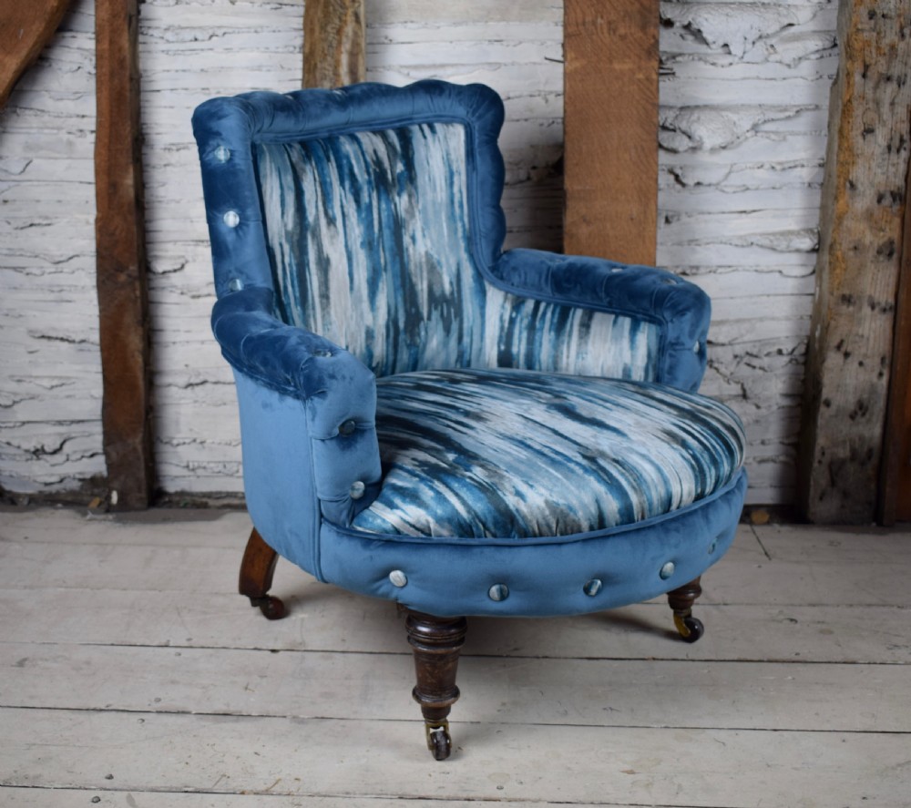 Antique Victorian Blue Velvet Occasional Button Edge Bedroom Chair newly upholstered