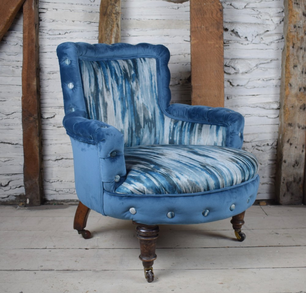 Antique Victorian Blue Velvet Occasional Button Edge Bedroom Chair newly upholstered View II
