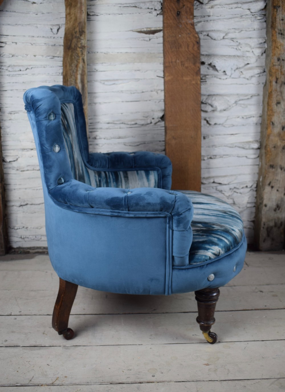 Antique Victorian Blue Velvet Occasional Button Edge Bedroom Chair newly upholstered View IV