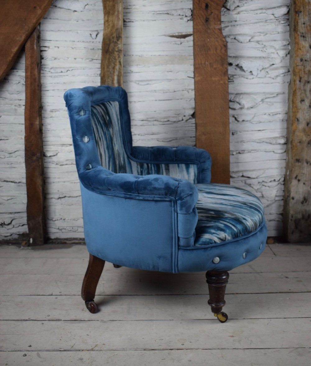 Antique Victorian Blue Velvet Occasional Button Edge Bedroom Chair newly upholstered View V