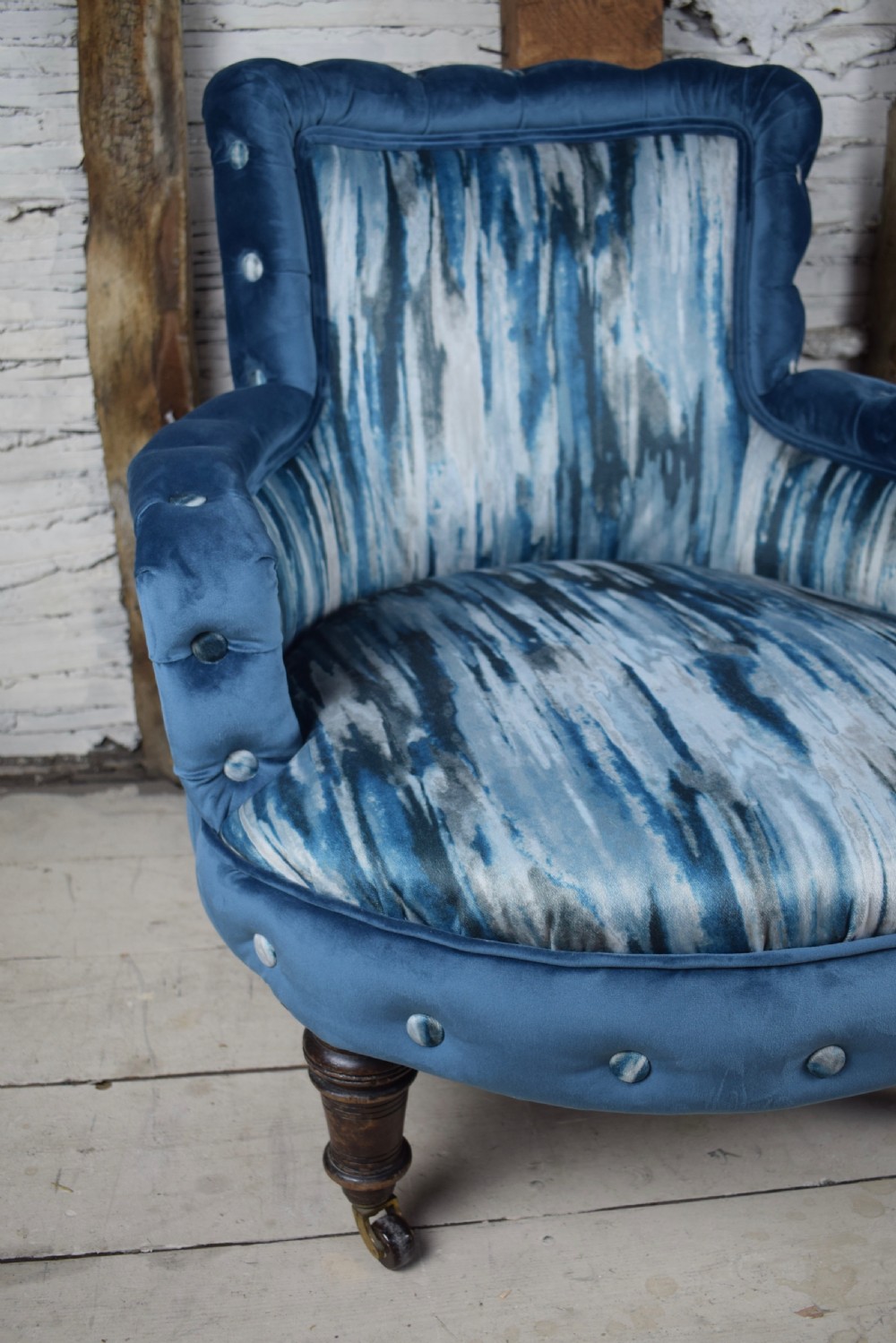 Antique Victorian Blue Velvet Occasional Button Edge Bedroom Chair newly upholstered View VI