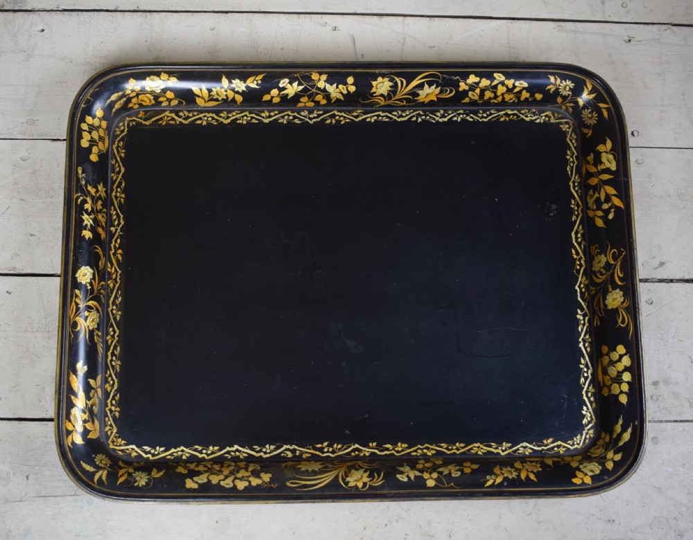 Large Regency William IV Papier Mache Tray with gilt foliate border View IV