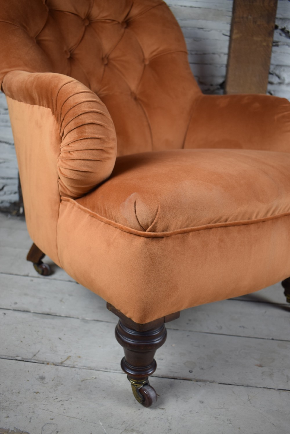 Antique button back armchair by Cornelius V Smith, newly upholstered in burnt orange velvet View II