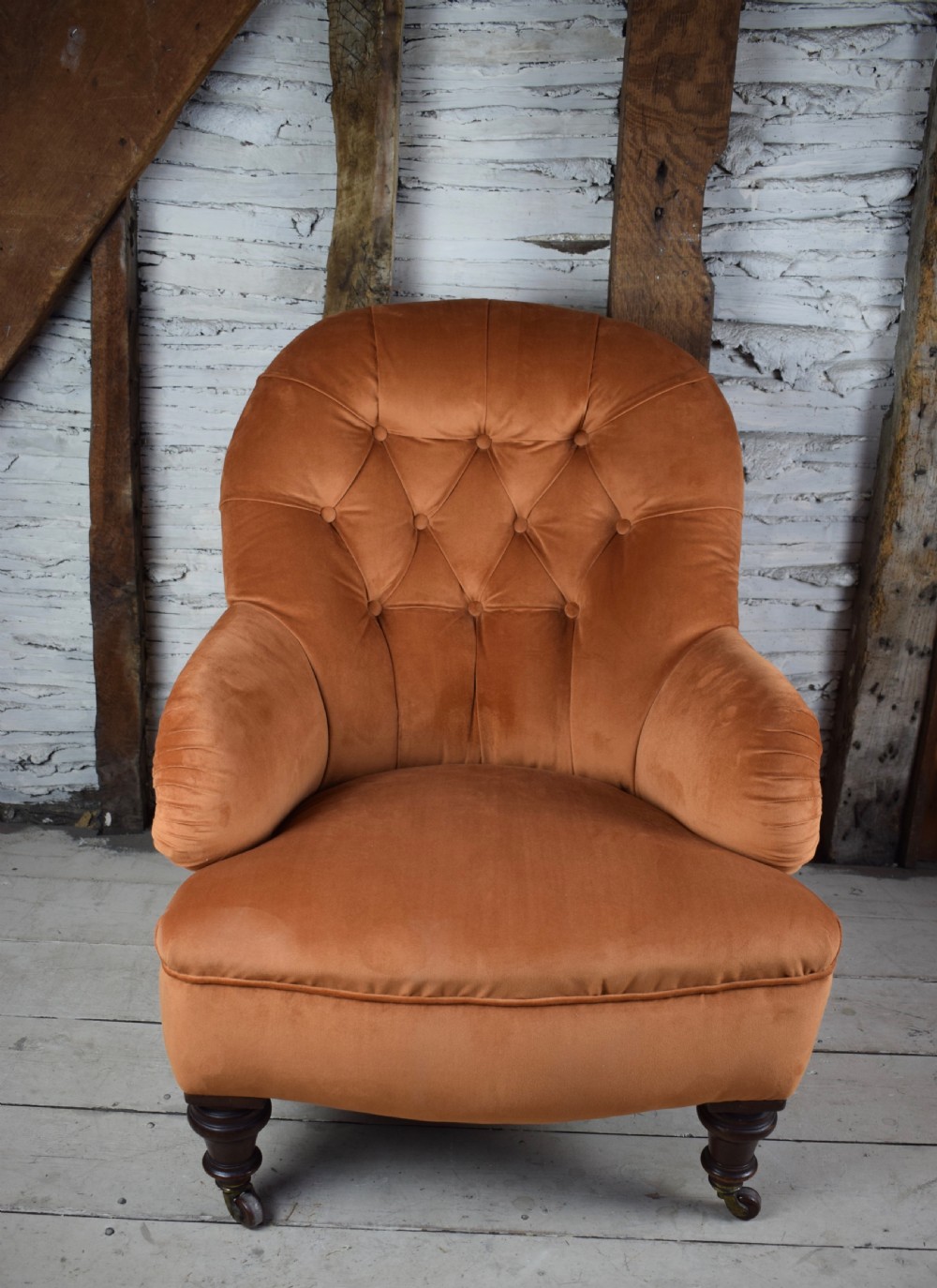 Antique button back armchair by Cornelius V Smith, newly upholstered in burnt orange velvet View IV