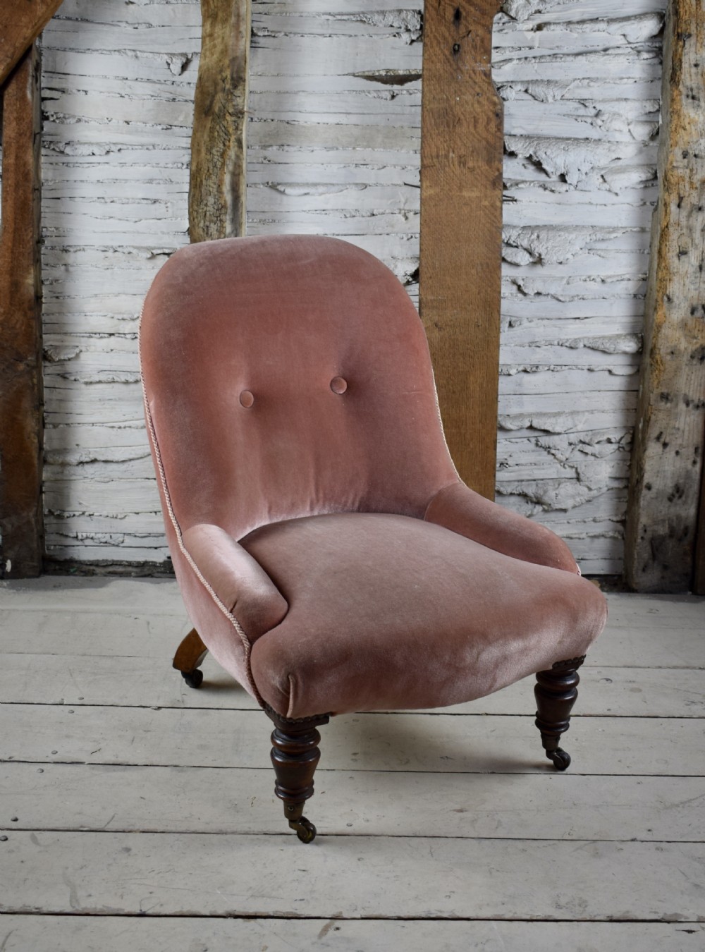 Small Antique Victorian button back chair in dusky pink velvet