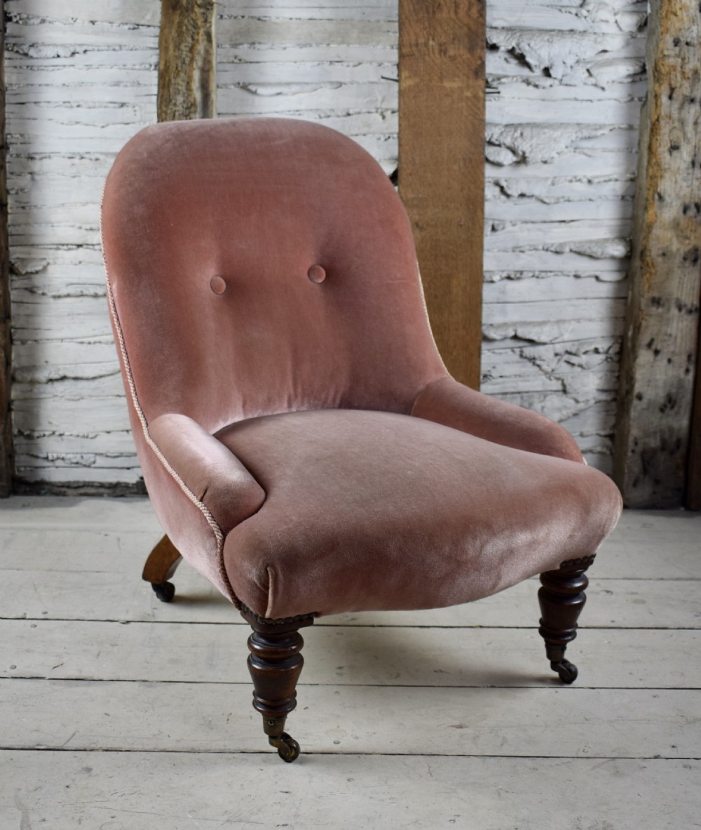 Small Antique Victorian button back chair in dusky pink velvet View II