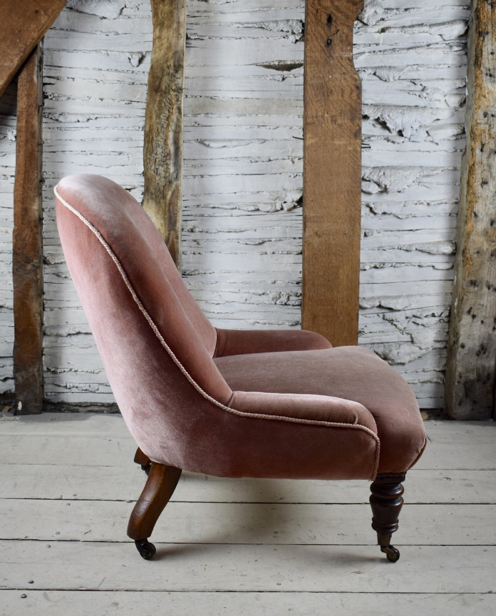 Small Antique Victorian button back chair in dusky pink velvet View III
