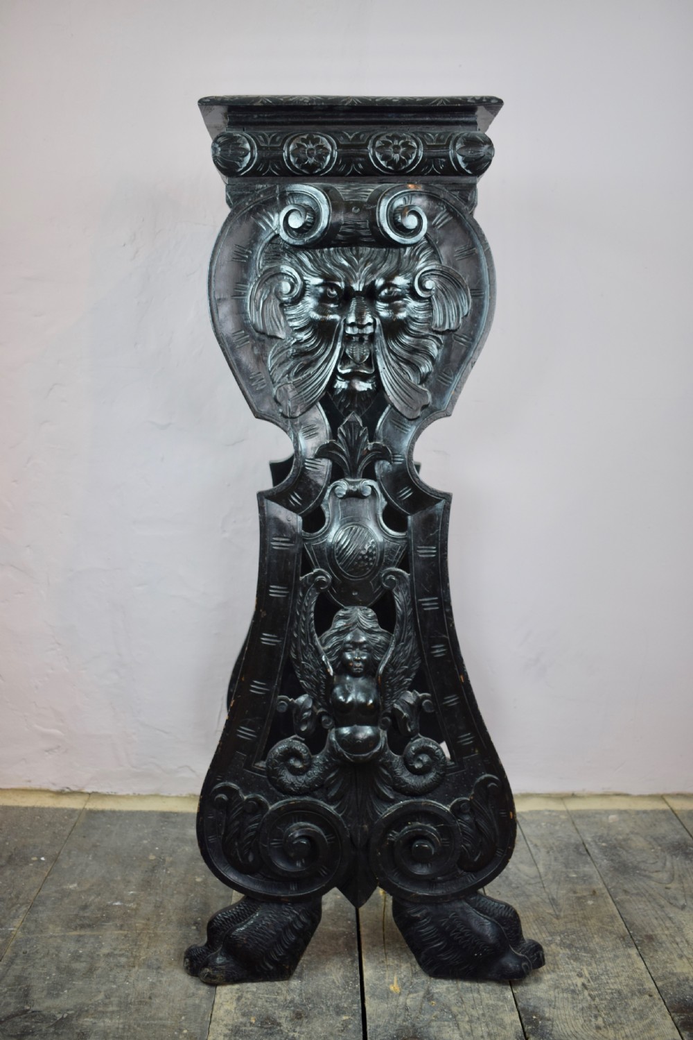 Antique Italian Renaissance Revival Grotesque Carved Sgabello Torchere / Plant Stand View III