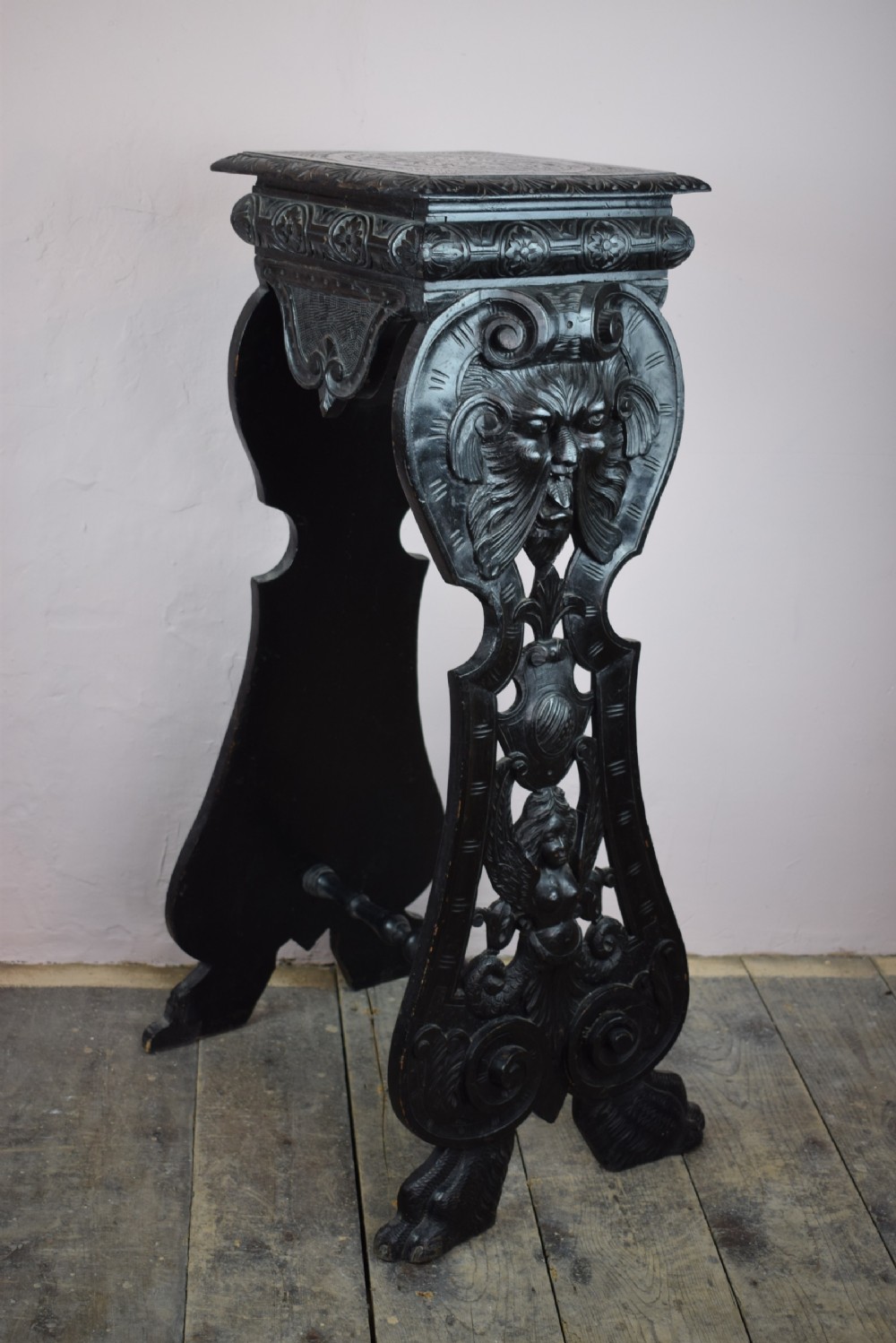 Antique Italian Renaissance Revival Grotesque Carved Sgabello Torchere / Plant Stand View VI