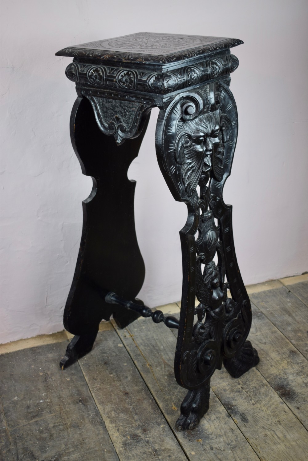 Antique Italian Renaissance Revival Grotesque Carved Sgabello Torchere / Plant Stand View VII