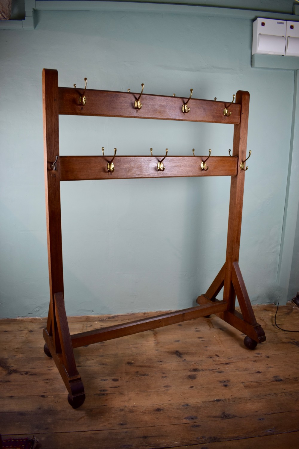 Large Edwardian Oak Schoolroom Cloakroom Coatrack View II